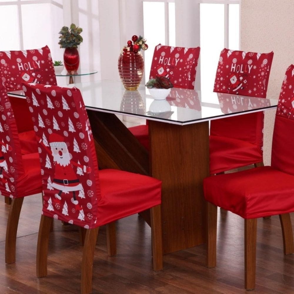 Capa Pra Cadeira Estampada 6 Lugares Malha - Natal Vermelho