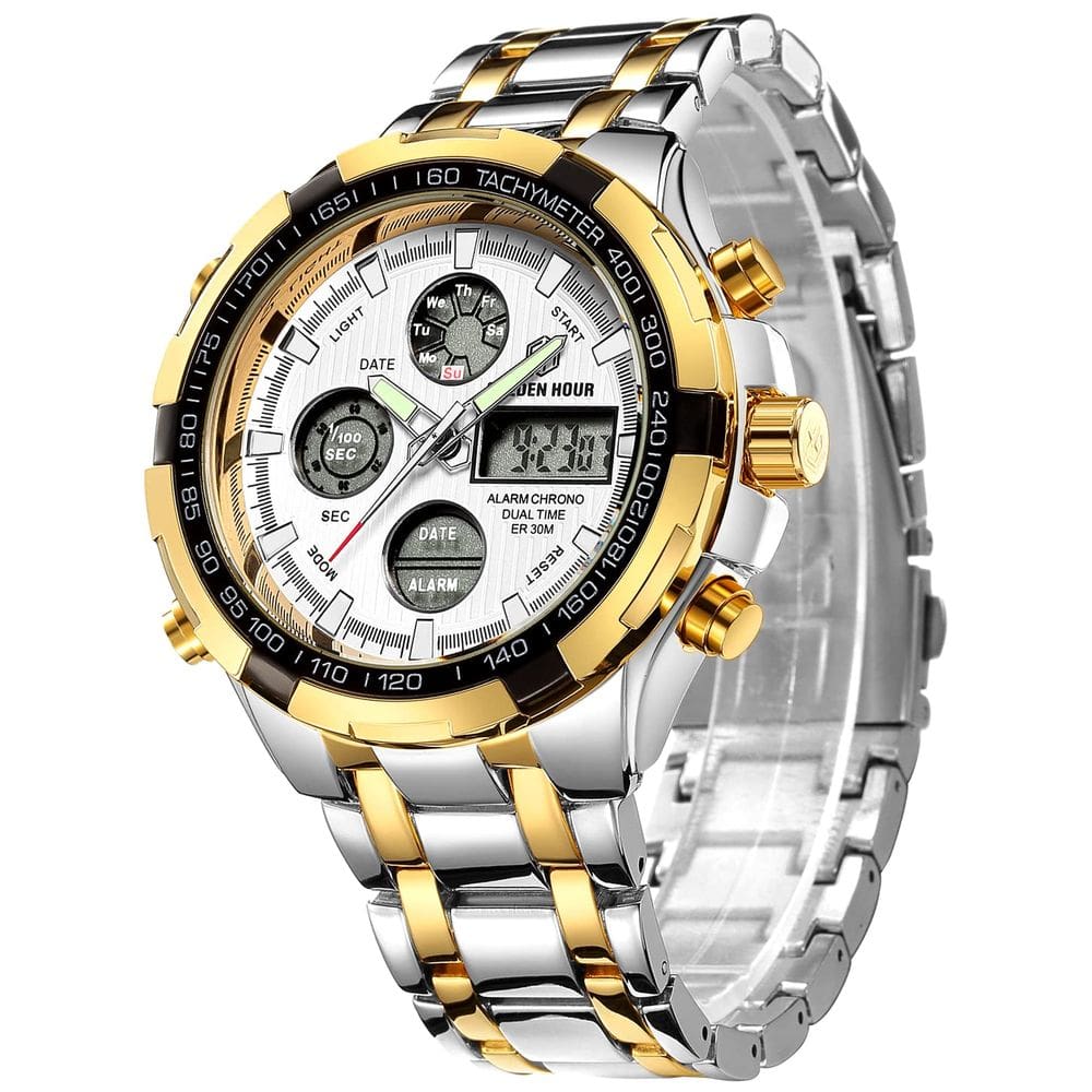 Relógio digital analógico de luxo em aço inoxidável GOLDEN HOUR para homens à prova d`água