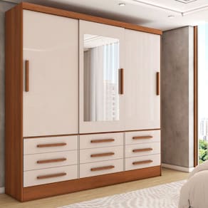 Guarda-Roupa Casal Joris 3 Portas 9 Gavetas com Espelho Cinamomo/Off White - Panorama Móveis