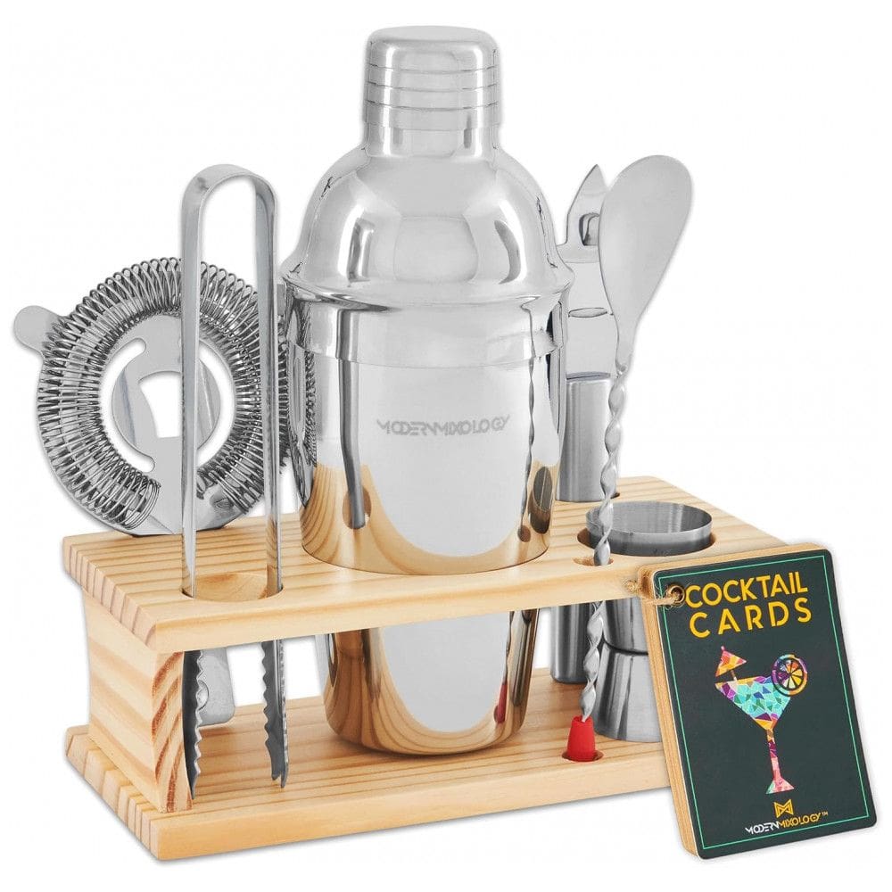 Kit Bn Profissional 8 Peças em Alumínio com Suporte de Madeira, MODERN MIXOLOGY Silver, Prateado