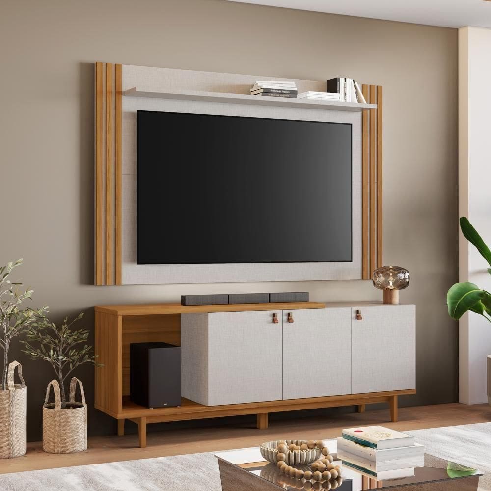 Conjunto Para Sala Rack Nt1380 E Painel Nt1375 Ripado Off White-freijó Notável Móveis Off White-freijó