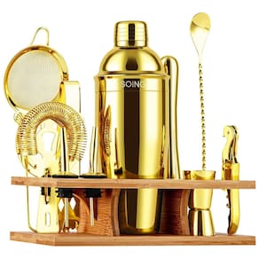 Kit Bn Profissional 11 Peças em Aço Inoxidável com Suporte de Madeira, SOING, Dourado