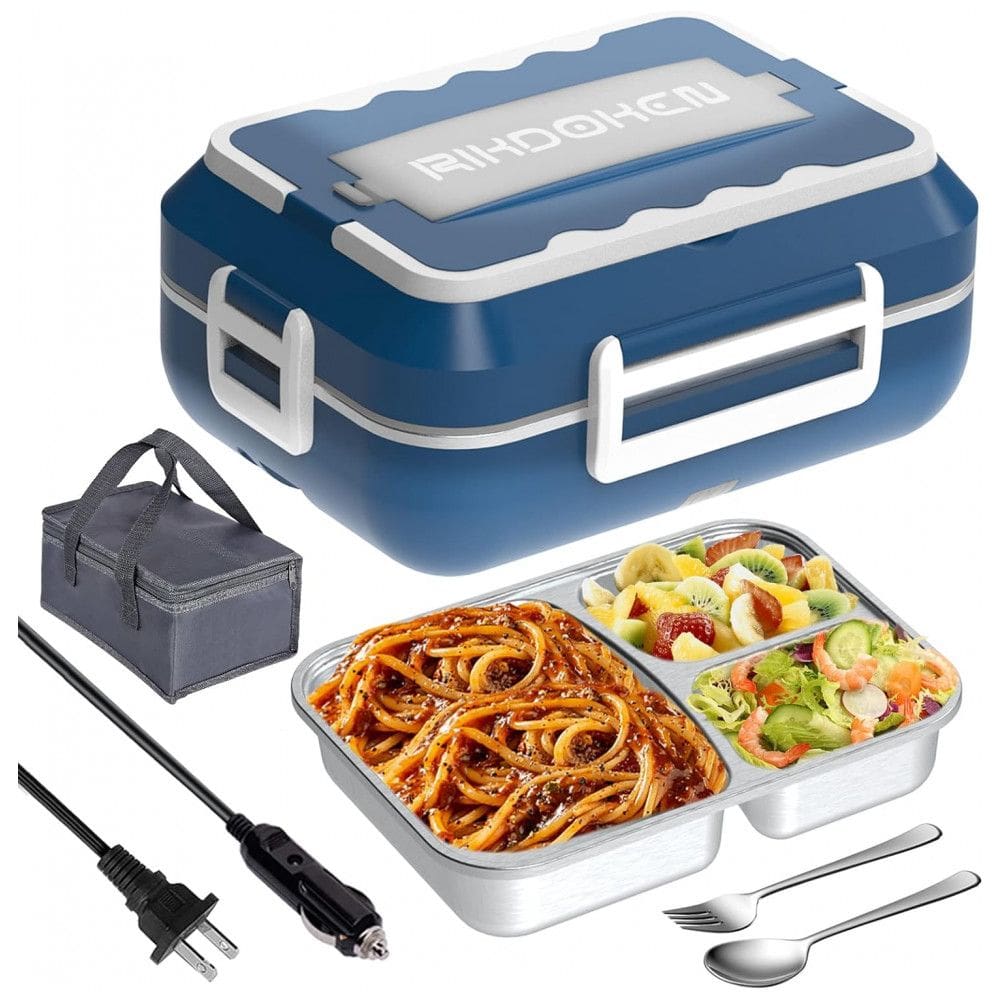 Marmita Elétrica Portátil 1,5L com Recipiente de Aço Inoxidável e à Prova de Vazamentos, 12V 110V 60W, RIKDOKEN, Azul e Branco