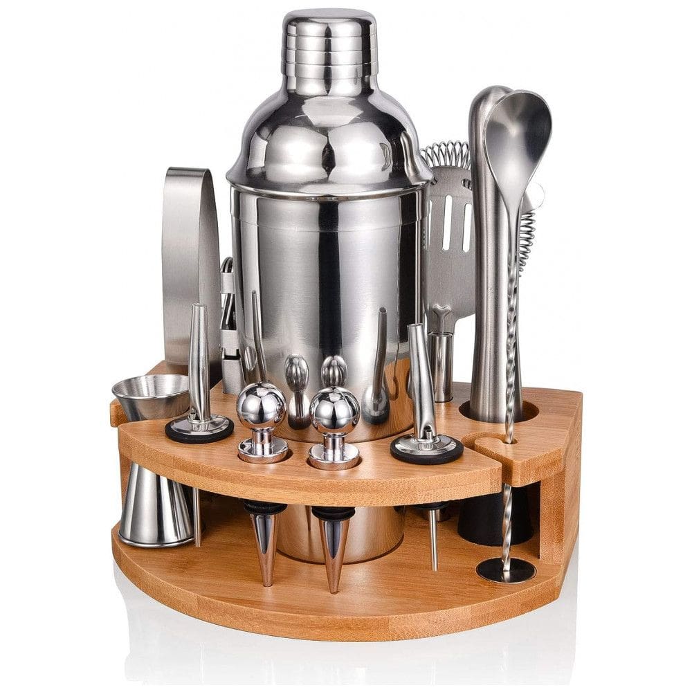 Kit Bartender Profissional 12 Peças em Aço Inoxidável com Suporte de Bambu, Esmula, Prata