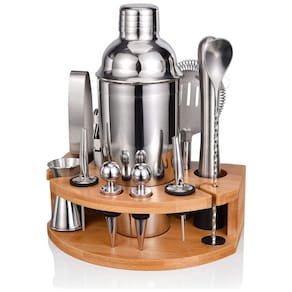 Kit Bartender Profissional 12 Peças em Aço Inoxidável com Suporte de Bambu, Esmula, Prata