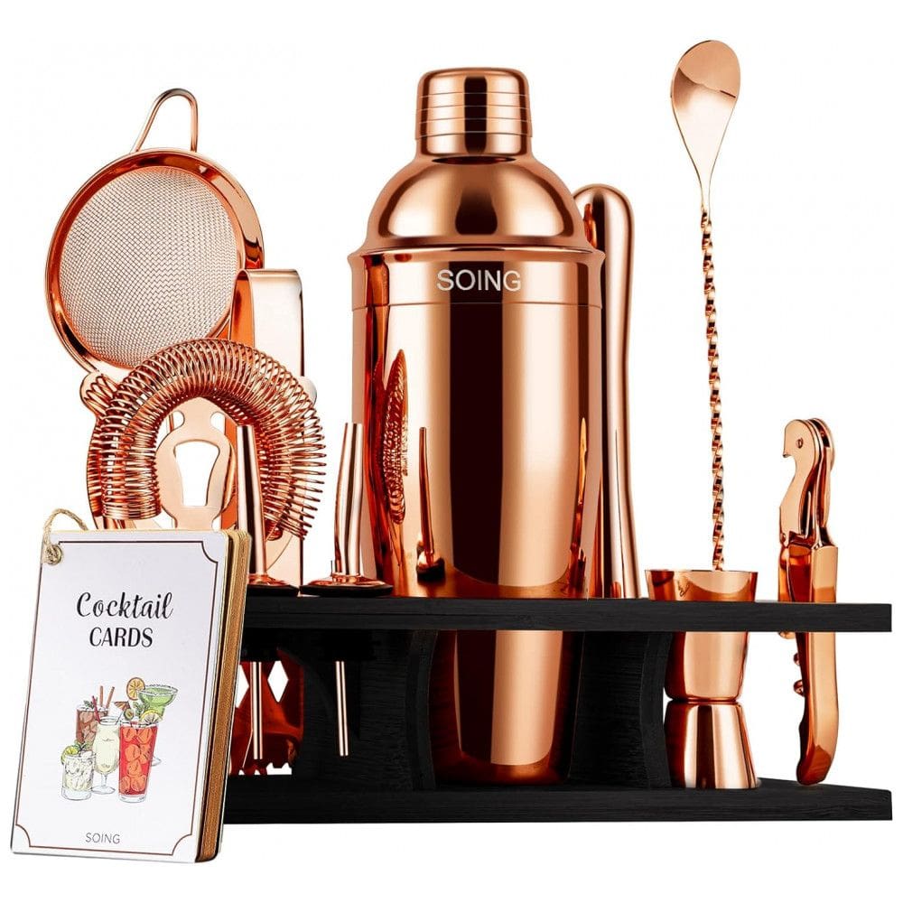 Kit Bartender Profissional 11 Peças em Aço Inoxidável com Suporte de Madeira, SOING, Ouro Rosa