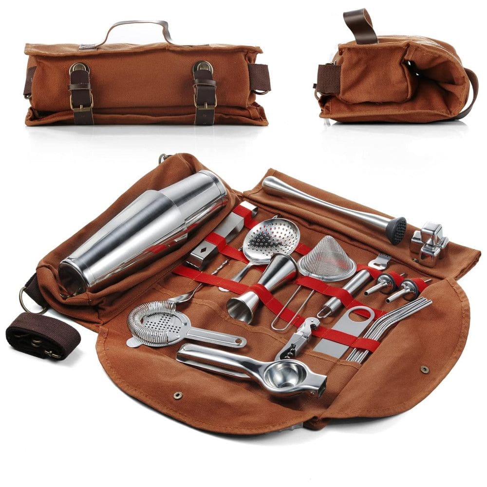 Kit Bartender Profissional 25 Peças em Aço Inoxidável com Estojo, Hyoank, Prata