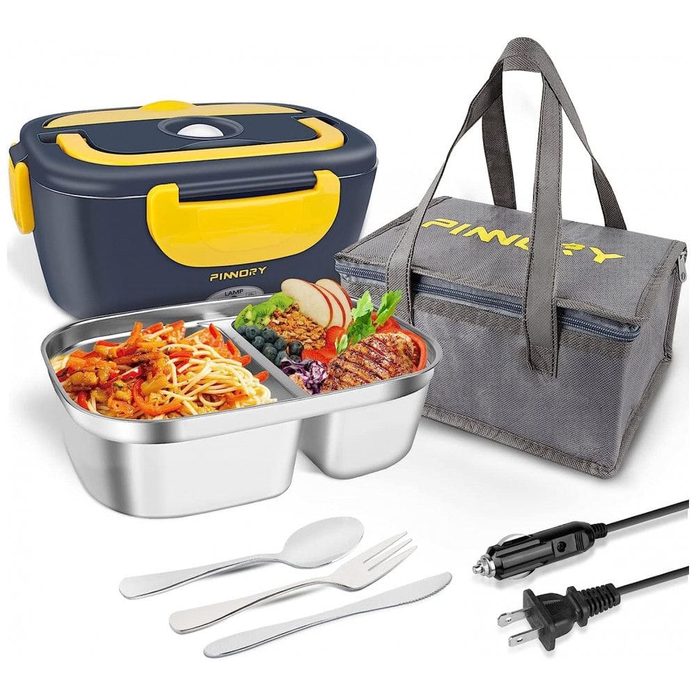 Marmita Elétrica Portátil 1,5L em Recipiente Aço Inoxidável com Garfo, Colher e Bolsa para Transporte, 12V 110V 60W, LETAAKA, Azul e Amarelo