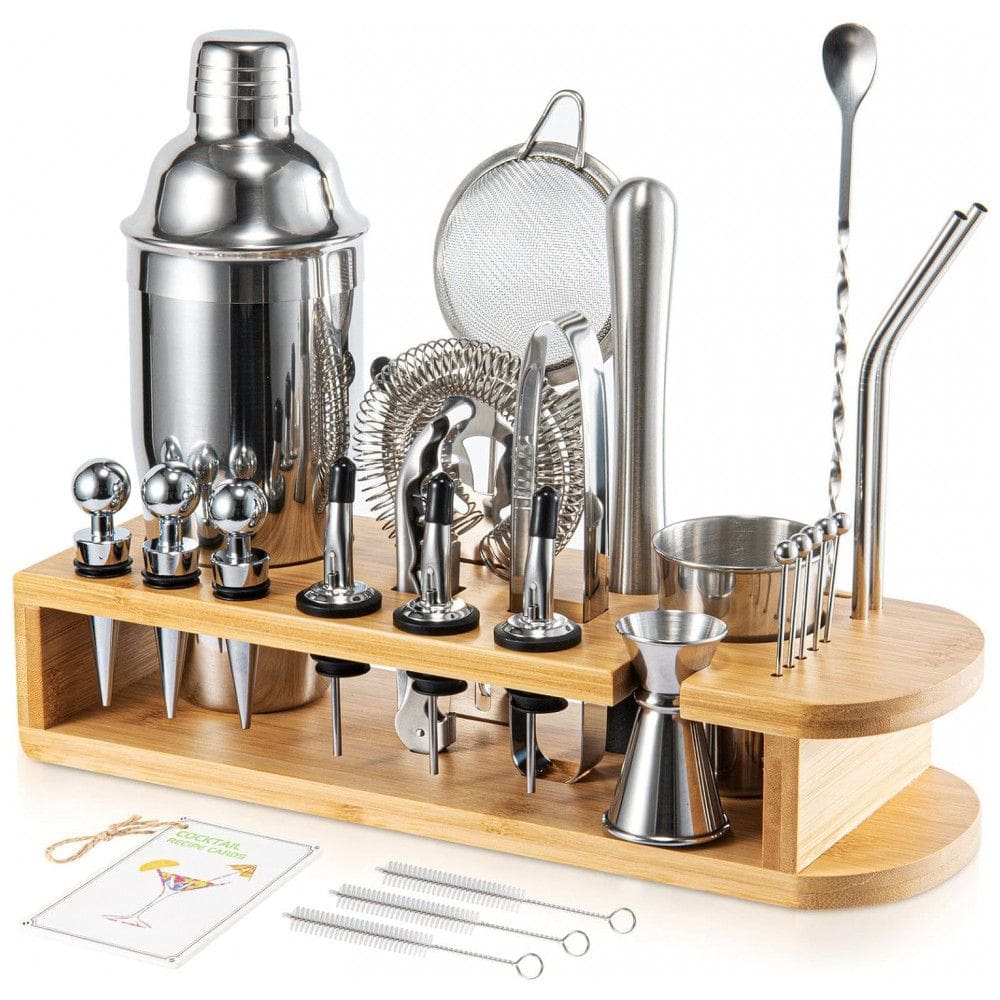 Kit Bartender Profissional 26 Peças em Aço Inoxidável com Suporte de Bambu, Semderm, Prata