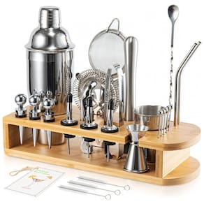 Kit Bartender Profissional 26 Peças em Aço Inoxidável com Suporte de Bambu, Semderm, Prata