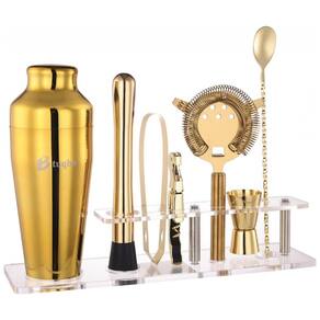 Kit Bartender Profissional 7 Peças em Aço Inoxidável com Suporte de Acrílico, Btuqbu, Dourado