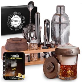 Kit Bartender Profissional 13 Peças em Aço Inoxidável com Suporte de Pinho e Defumador de Uísque, Homia, Prata