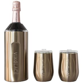 Porta Garrafa Térmico para Vinho é em Aço Inoxidável com 2 Copos, Cobre, VINGLACé, Dourado