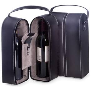 Bey-Berk Porta-Garrafas de Vinho em Couro Preto com Conjunto de Ferramentas, Bolsa de Viagem com Armazenamento Seguro e à Prova de