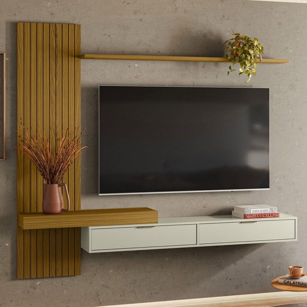 Painel para TV Até 65 Polegadas Nuke 2 Portas Ripado Cedro Freijo/Off White - Pnr Móveis