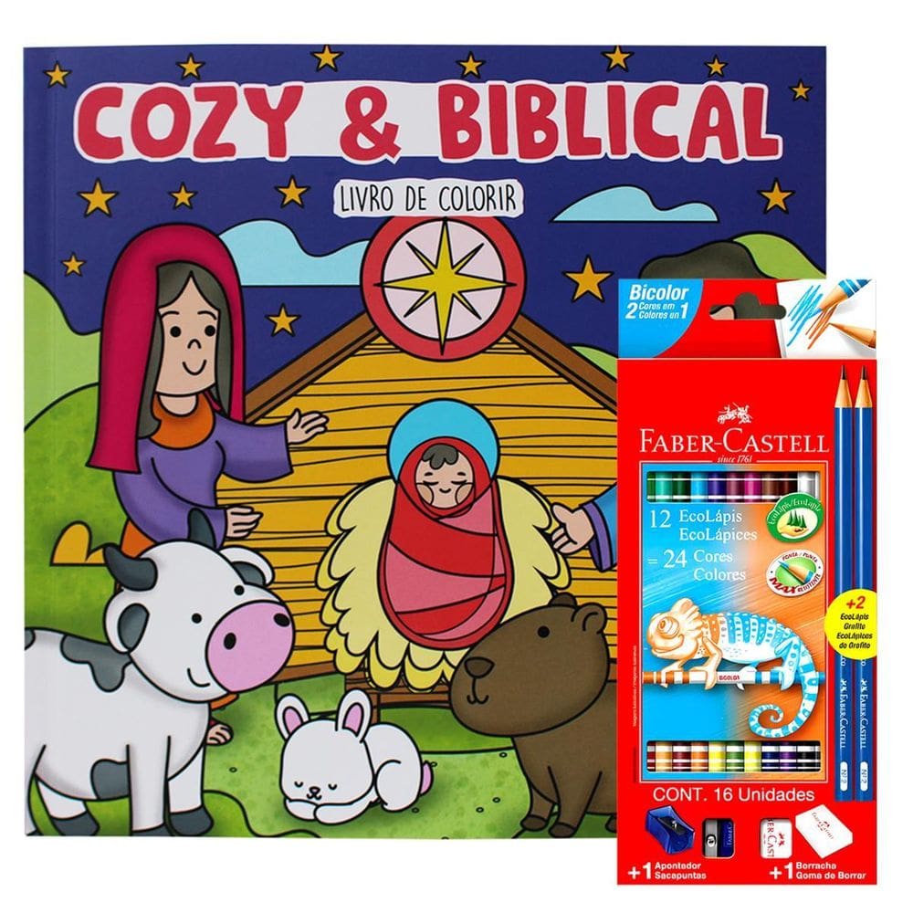 Livro De Colorir Cozy Biblical E Lápis De Cor Faber Castell