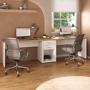 Kit Escritório Completo para 2 Pessoas com 3 Peças: 2 Escrivaninhas e 1 Gaveteiro Home Office Olmo/Branco
