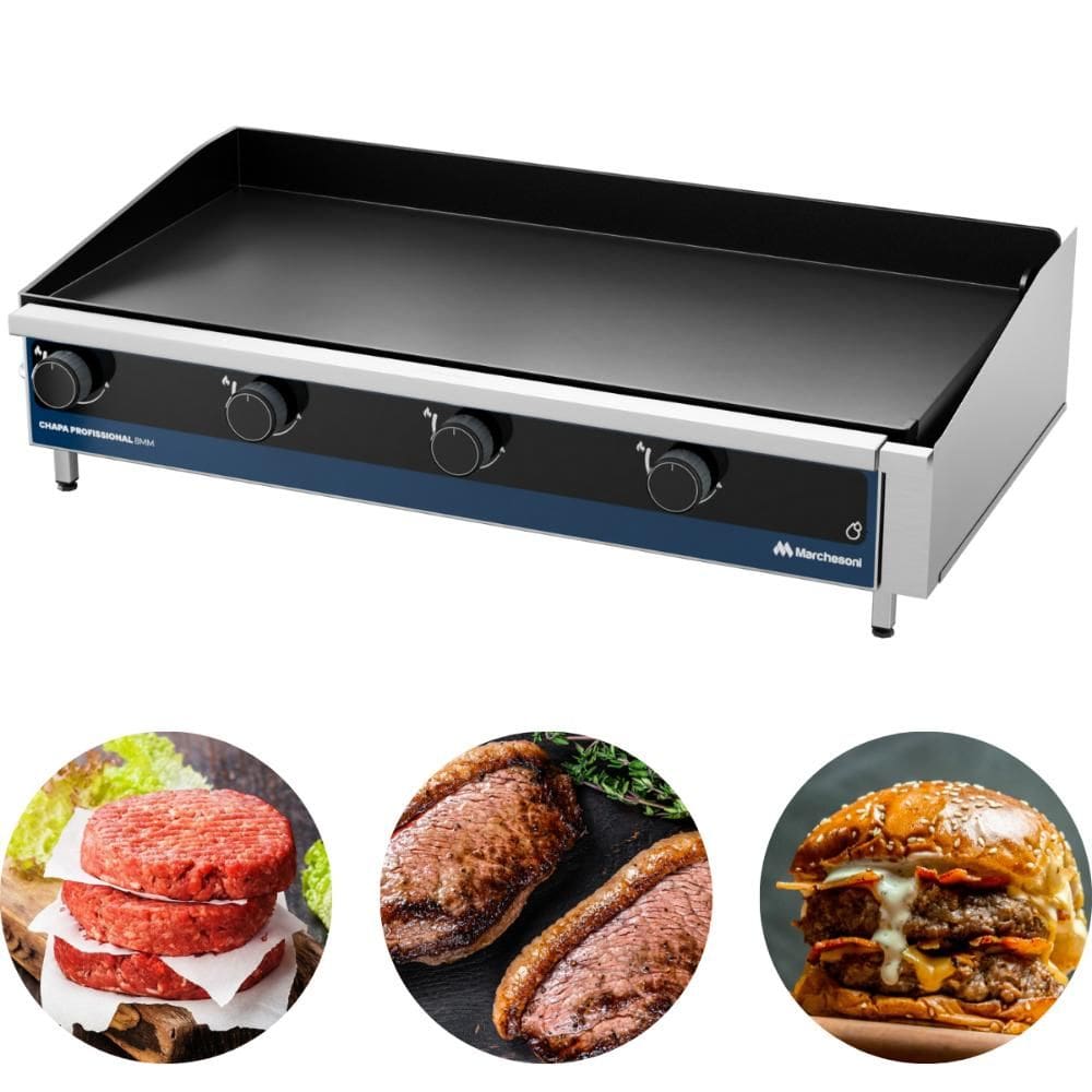 Chapa Profissional A Gás 4 Queimadores 8mm Inox 100x50 Marchesoni