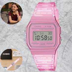 Relógio Casio Retrô F-91WS-4DF Rosa Transparente Digital Feminino Juvenil Infantil Cronômetro Escolar Resistente Água Alarme