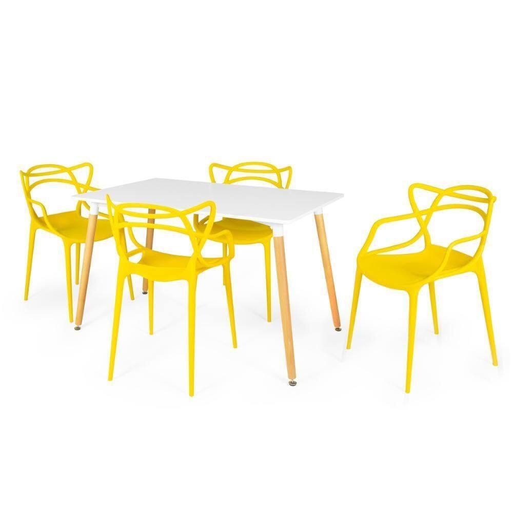 Conjunto Mesa De Jantar Retangular Eiffel Branca 120x80cm Com 4 Cadeiras Allegra - Amarelo