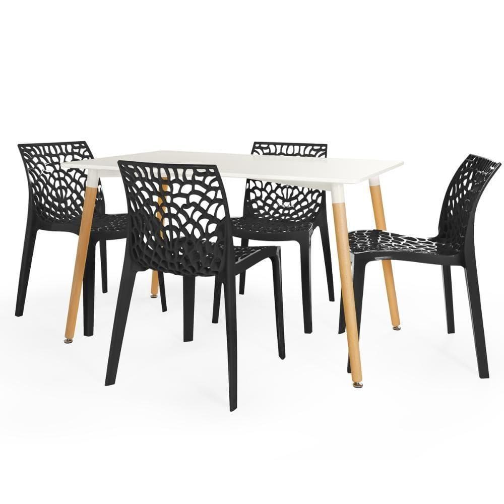 Conjunto Mesa De Jantar Retangular Eiffel Branca 120x80cm Com 4 Cadeiras Gruvyer - Preto