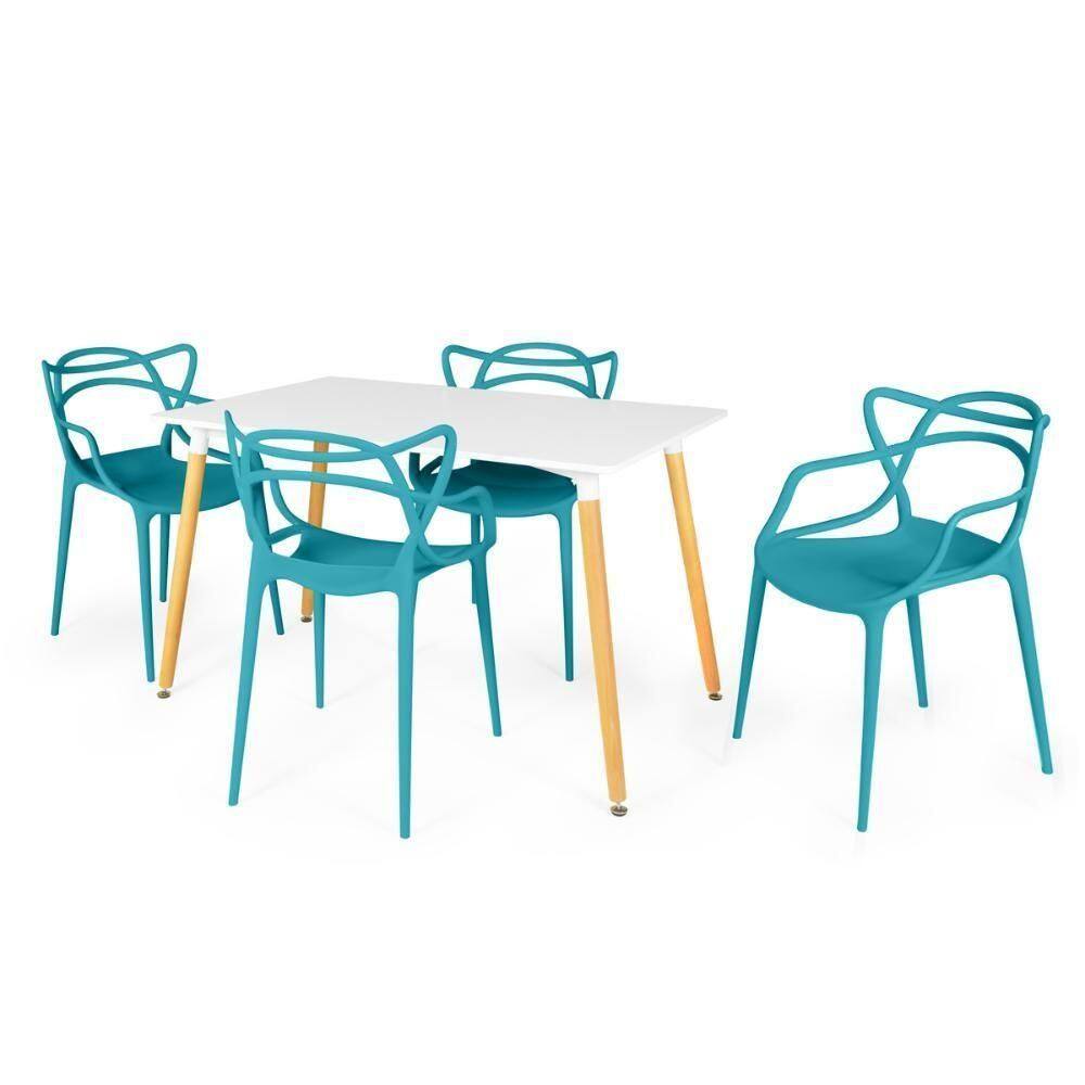 Conjunto Mesa De Jantar Retangular Eiffel Branca 120x80cm Com 4 Cadeiras Allegra - Turquesa