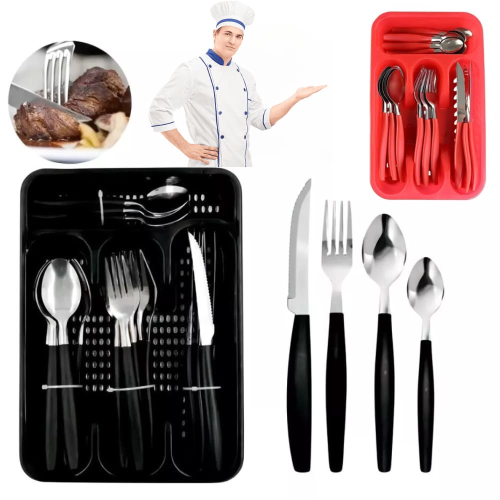 Kit Conjunto Jogo de Talheres Faqueiro Colher Garfo Faca Home em Aço Inox Gaveteiro 25 Peças