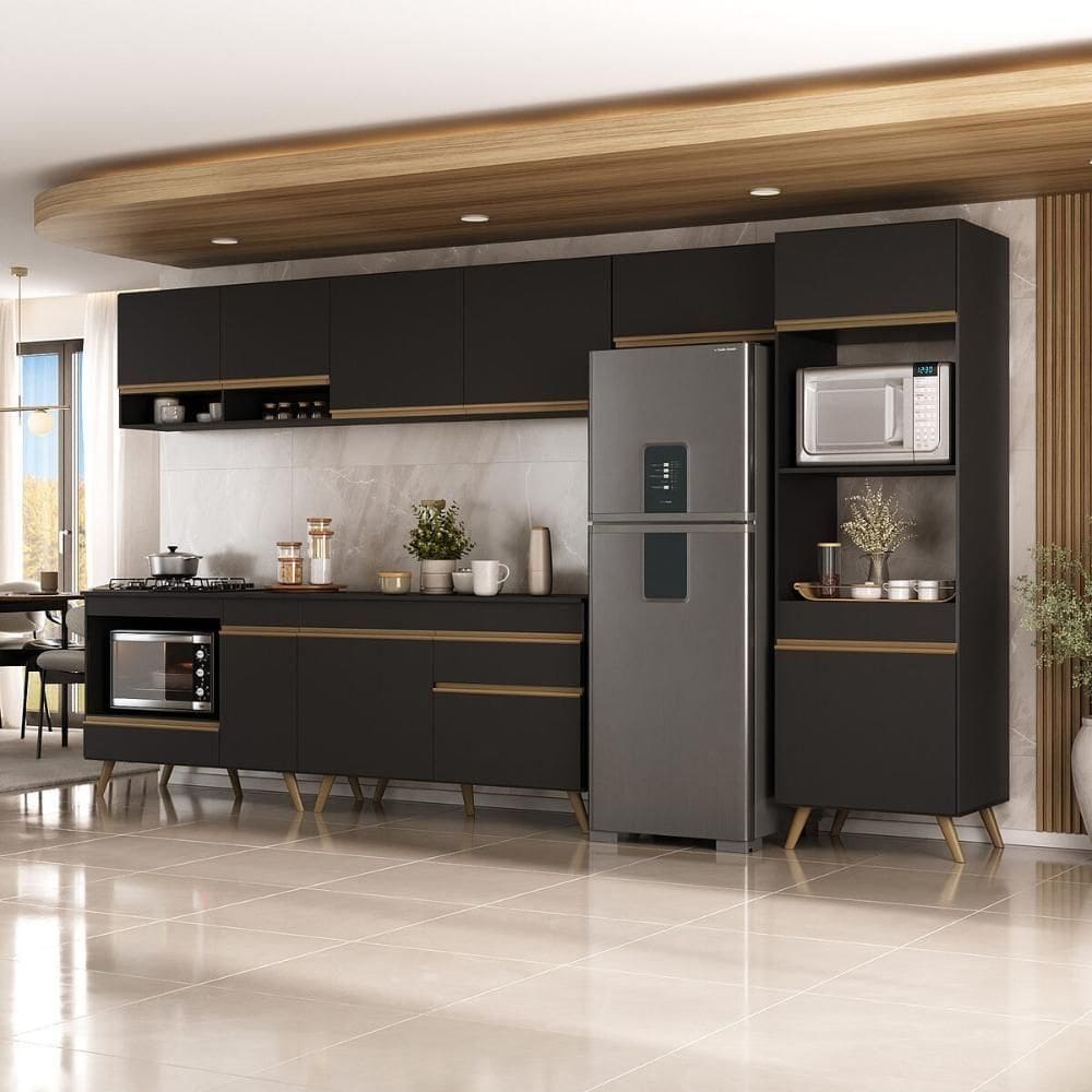 Cozinha Modulada Completa 357cm 6 Peças Com Balcão Para Cooktop Veneza Multimóveis Mp2272 Preto Dourado
