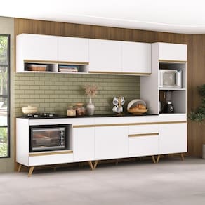 Cozinha Modulada Completa Compacta 5 Peças Com Balcão Para Cooktop Veneza Multimóveis Mp2268 Branco Dourado