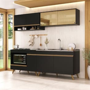 Armário De Cozinha Modulada Compacta 225cm Com Balcão Para Cooktop Veneza Multimóveis Mp2265 Preto Dourado