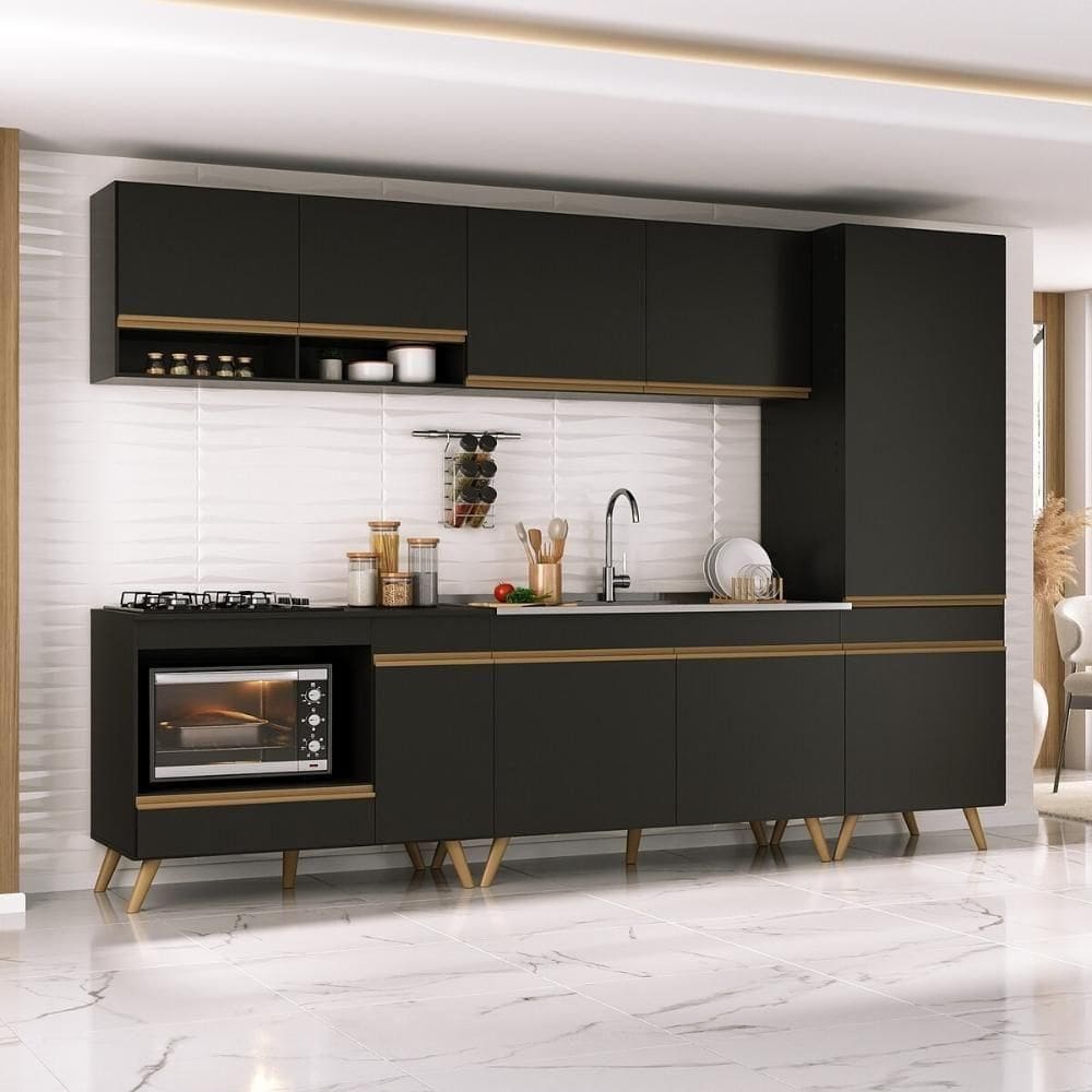 Cozinha Modulada Completa Compacta 5 Peças Com Balcão Para Cooktop Veneza Multimóveis Mp2270 Preto Dourado