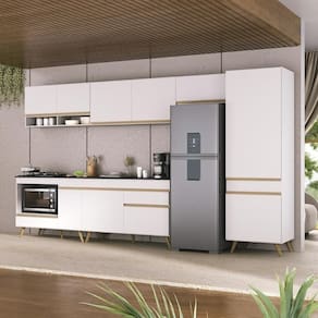 Cozinha Modulada Completa 357cm 6 Peças Com Balcão Para Cooktop Veneza Multimóveis Mp2277 Branco Dourado