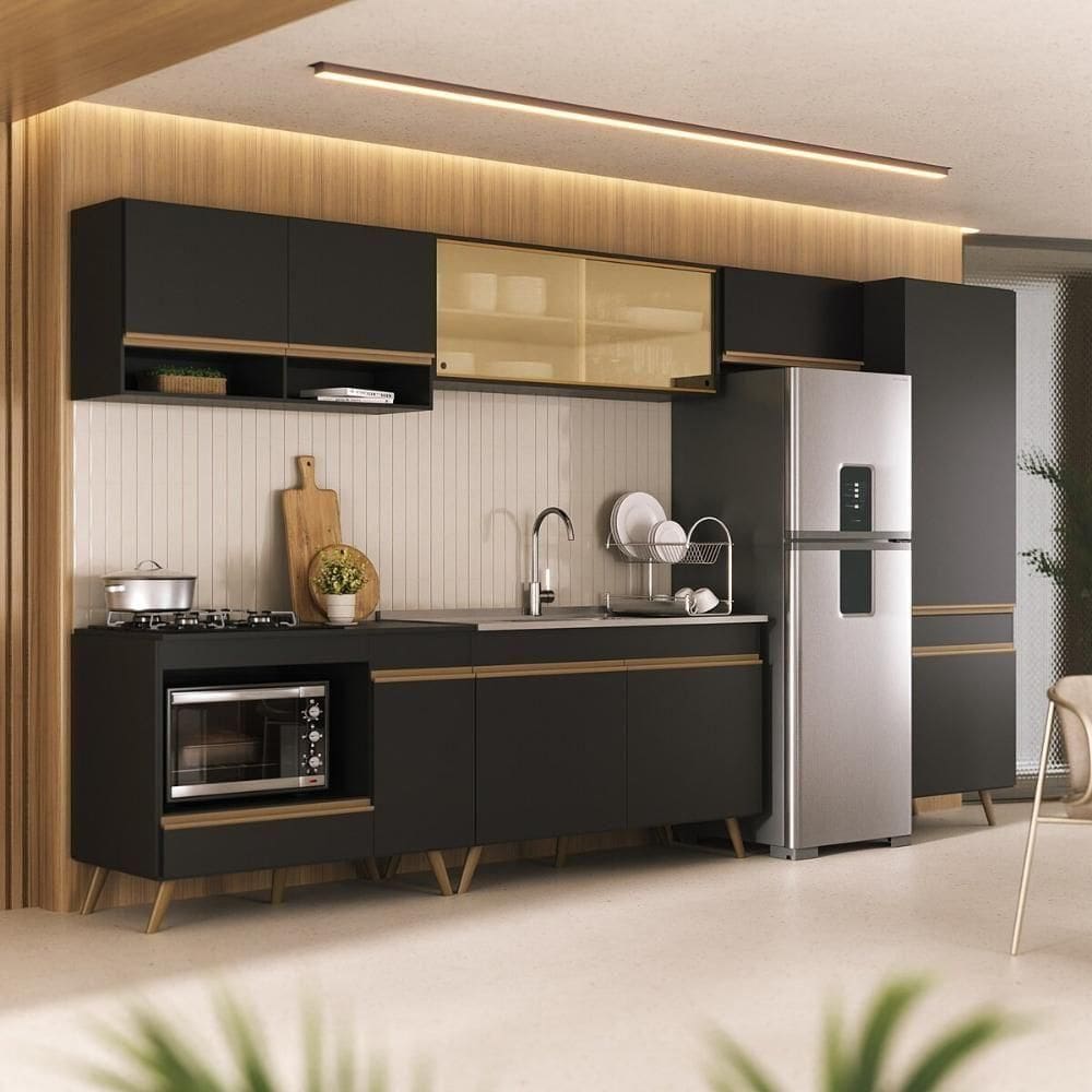 Cozinha Modulada Completa Compacta 6 Peças Com Balcão Para Cooktop Veneza Multimóveis Mp2276 Preto Dourado
