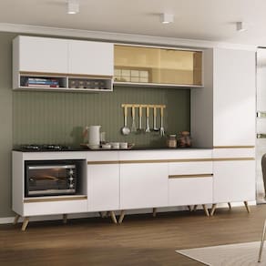 Cozinha Modulada Completa Compacta 287cm Com Balcão Para Cooktop Veneza Multimóveis Mp2267 Branco Dourado