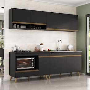 Armário De Cozinha Modulada Compacta 4 Peças Com Balcão Para Cooktop Veneza Multimóveis Mp2264 Preto Dourado
