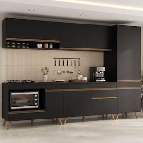 Cozinha Modulada Completa Compacta 5 Peças Com Balcão Para Cooktop Veneza Multimóveis Mp2266 Preto Dourado