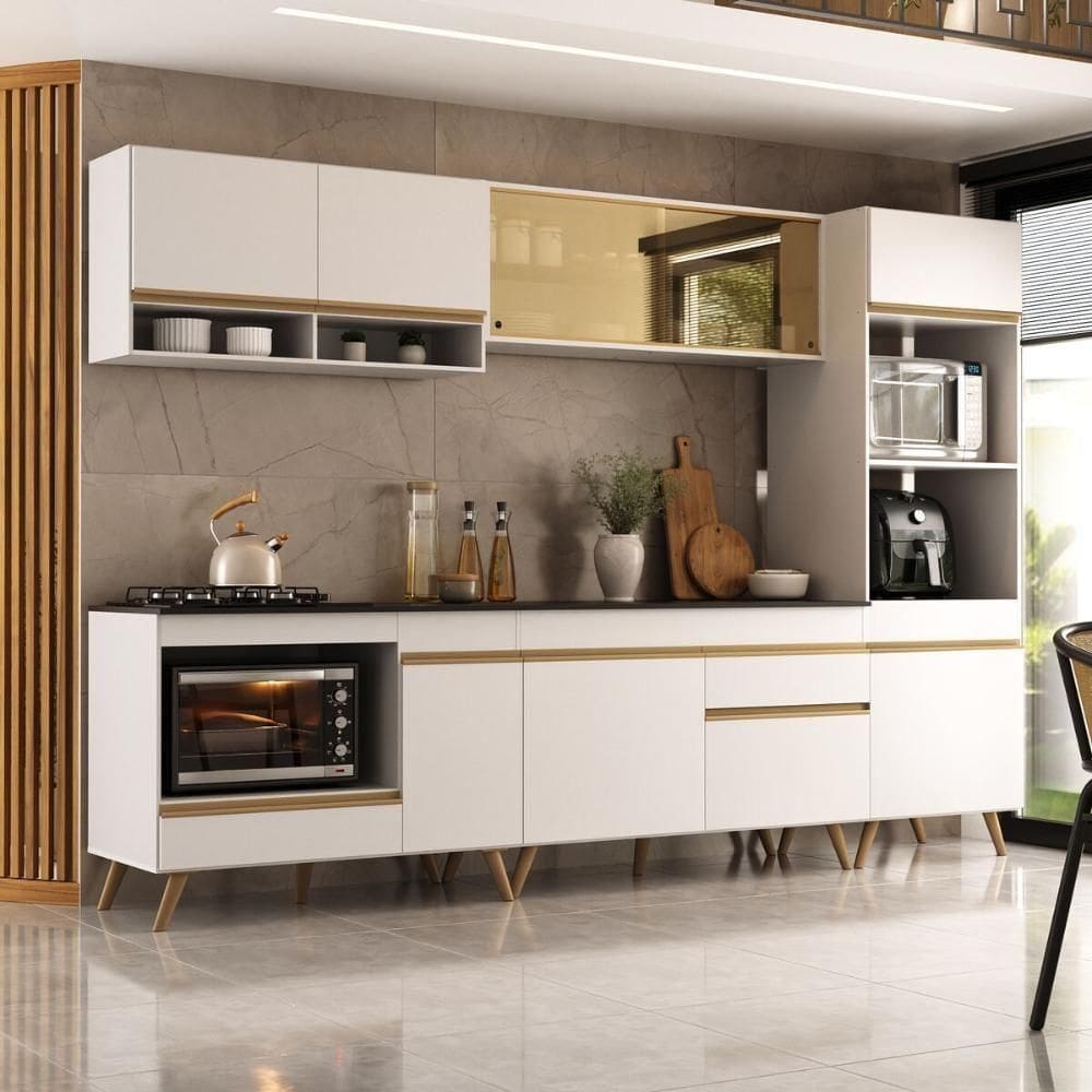 Cozinha Modulada Completa Compacta 287cm Com Balcão Para Cooktop Veneza Multimóveis Mp2269 Branco Dourado