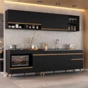 Armário De Cozinha Modulada Compacta 4 Peças Com Balcão Para Cooktop Veneza Multimóveis Mp2261 Preto Dourado