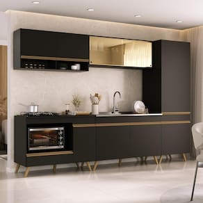 Cozinha Modulada Completa 287cm 5 Peças Com Balcão Para Cooktop Veneza Multimóveis Mp2271 Preto Dourado