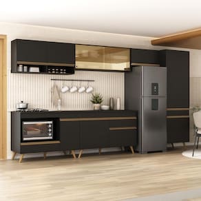 Cozinha Modulada Completa 357cm 6 Peças Com Balcão Para Cooktop Veneza Multimóveis Mp2275 Preto Dourado
