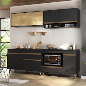 Armário De Cozinha Modulada Compacta 225cm Com Balcão Para Cooktop Veneza Multimóveis Mp2263 Preto Dourado