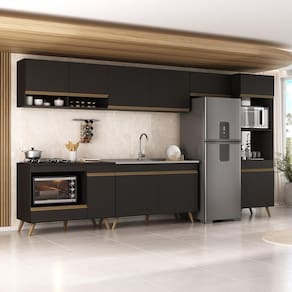 Armário De Cozinha Modulada Completa 6 Peças Com Balcão Para Cooktop Veneza Multimóveis Mp2273 Preto Dourado