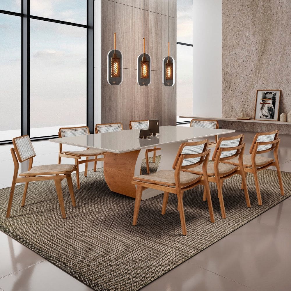 Sala de Jantar Mesa Ellis 220cm Madeira Tampo com Vidro com 8 cadeiras Eva Premium