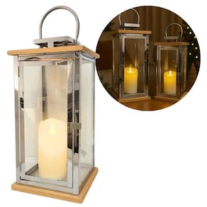 Lanterna Decorativa Iluminada Inox e Madeira Grande 60cm com Vela LED - Empório Decor