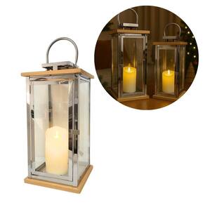 Lanterna Decorativa Iluminada Luxo Inox e Madeira Prime 46cm com Vela LED - Empório Decor