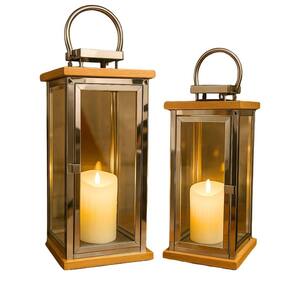 Jogo 2 Lanternas Decorativa Iluminada Inox e Madeira 60cm e 43cm com Vela LED - Empório Decor