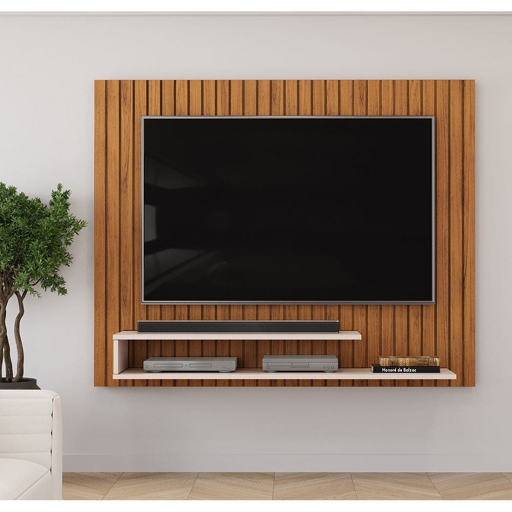 Painel Ripe com Ripado Decorativo e 2 Prateleira de 15mm - Freijó/Off White DJ Móveis
