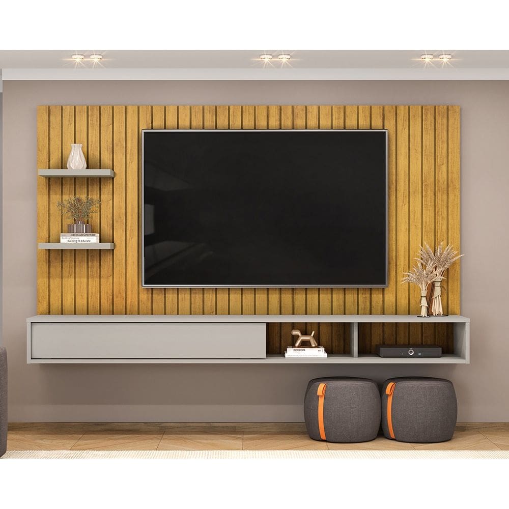 Painel Friz 179m com Prateleiras 25mm e Porta Deslizante - Cedro/Bali DJ Móveis