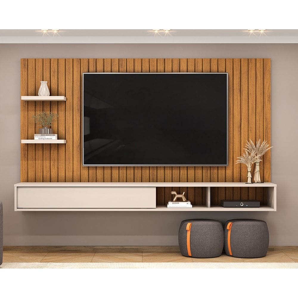 Painel Friz 179m com Prateleiras 25mm e Porta Deslizante - Freijó/Off White DJ Móveis