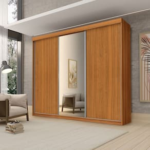 Roupeiro Casal Luxo Florença 100% Mdf 3 Portas de Correr 5 Gavetas Trilhos em Alumínio Espelho - Luapa - Freijó